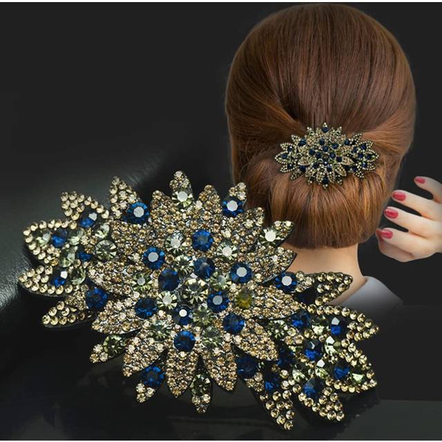 (Blue) Rhinestone Hair Barrette Vintage Flower Leaf Hair Clip Shiny Silver Floral Hairpin No Slip Ponytail Holder Slide Clip Glitter French Decorative