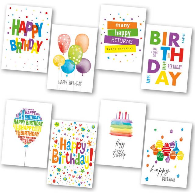 Birthday Cards Multipack of 32. Each Birthday Card box includes 8 Colourful Happy Birthday Card Designs. Blank Inside. Bulk Birthday Cards and