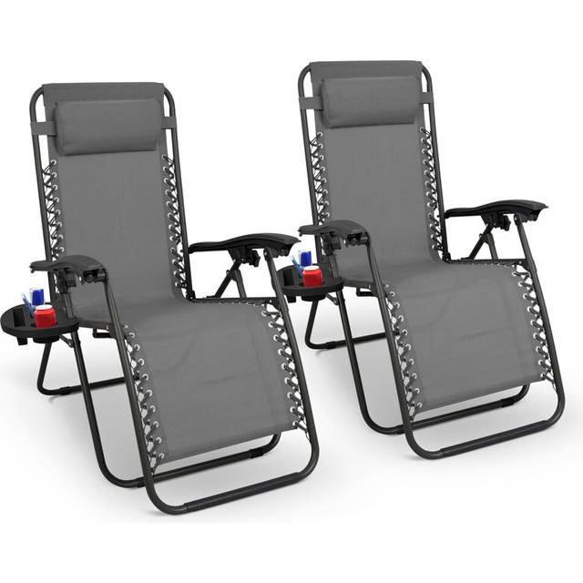 (Dark Grey) KEPLIN Set of 2 Heavy Duty Monocolor Textoline Zero Gravity Chairs for Garden Adjustable Head Rest Foldable with Cup & Phone Holder