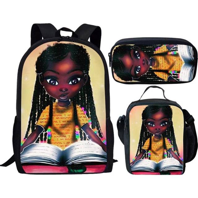 Black African Bookbags for Teenage Girls Black Queen American Backpack with Lunchbox Elementary School Bags 3 piece