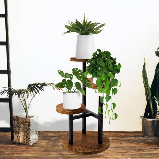 3 Tier 54Cm Plant Stand, Tall Metal Wooden Shelves - Brown