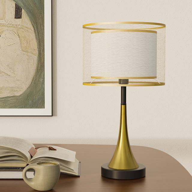 18.5in Vintage Table Lamp Pc Gold Lampshade For Living Room, With Plug - Yellow (47cm H X 25cm W X 25cm D)