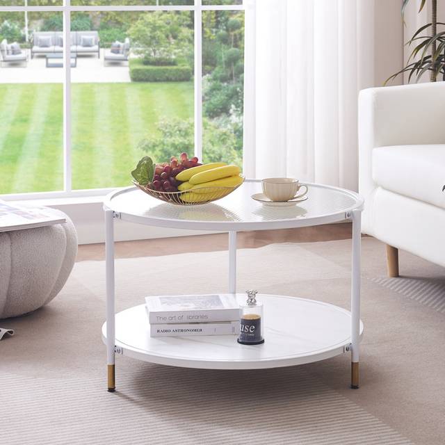 2 Tier Round Coffee Table For Living Room,White,70X70x45cm - Clear (46cm H X 70cm W X 70cm D)
