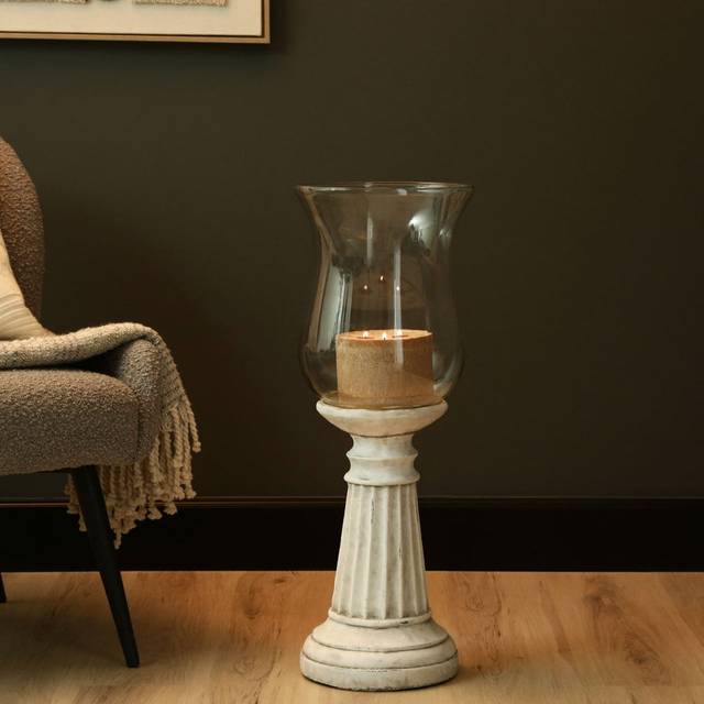 Dianella Antique White Natural Stone Hurricane Candle Holder, Glass Tabletop Candlestick Holders - White;Clear (72.5cm H x 28.5cm W x 28.5cm D)