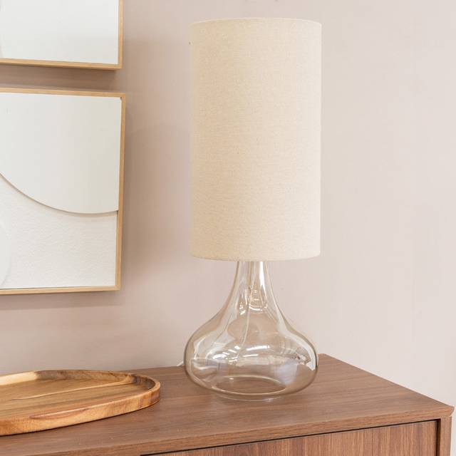 Sylvie Natural Linen Tall Lamp Shade Amber Glass Squat Table Lamp with LED Bulb - Clear (52cm H X 19cm W X 19cm D)