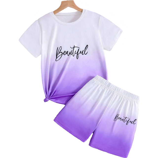 SHEIN 2pcs/Set Tween Girl Casual Sports Pullover & Shorts Set, Comfortable & Purple Ombre Loose Short Sleeve And Shorts, Summer