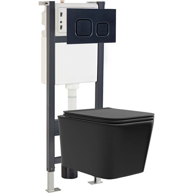 Nes Home Matte Black Square Toilet, Cistern Frame & Square Button Flush Plate
