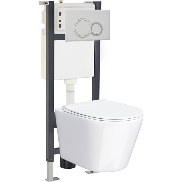 Nes Home White Slim Seat WH Toilet Concealed Frame & Round Button Flush Plate