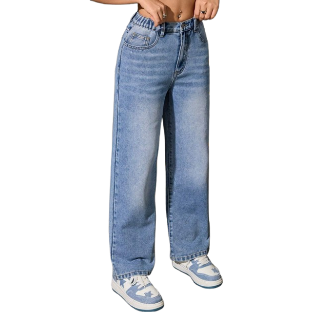 SHEIN Teen Girls Y2K Fashion , School Spirit Essential All Season Versatile Fashion Item, Teens Daily Casual Comfortable Loose Straight Leg Washed Denim Jea