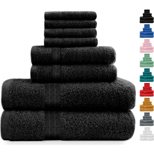 8 Piece Bale Towel Set, Cotton Towels Set - 4 Wash Cloths/Face Towels, 2 Bath Towels and 2 Hand Towels for Bathroom. 400 GSM Thread Count (Black)