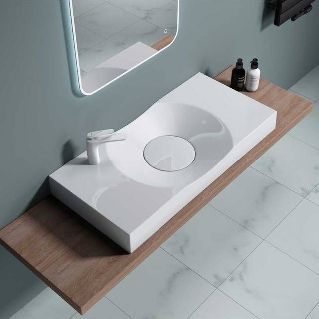 Durovin Bathrooms Luxurious Stone Resin Basin With Hand Shelf - Wall Hung Or Countertop Mount Rectangular Bathroom Sink 1000 x 480- Concealed Waste
