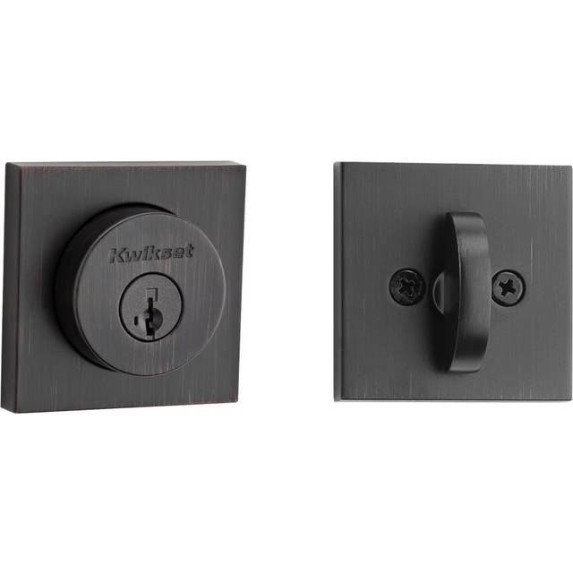 Kwikset Halifax Deadbolt Lock  Venetian Bronze Square Exterior Keyed Front Entry Door  Pick Resistant SmartKey Rekey Security  Single Cylind