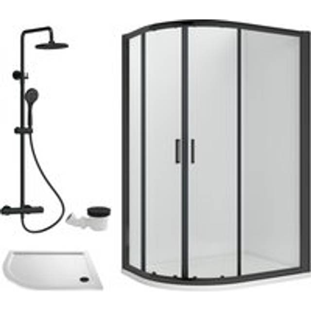 Ruwa Shower Enclosure Bundle - Offset Left Quadrant, Tray, Round Shower & Waste - White/Black - 1000mm x 800mm - Balterley