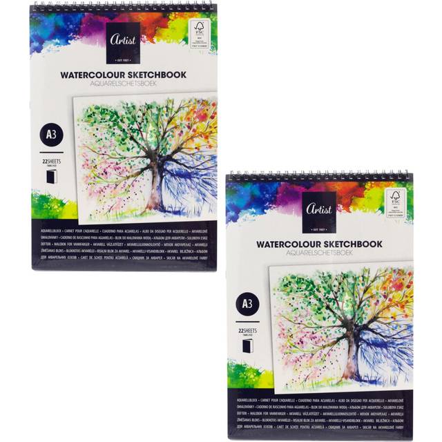 Pack of 2 Artist A3 Watercolour Sketchbooks | 22 Sheets Artist Painting Sketch Pads 160gsm White Paper | Drawing Pads Sketching Books for Artists