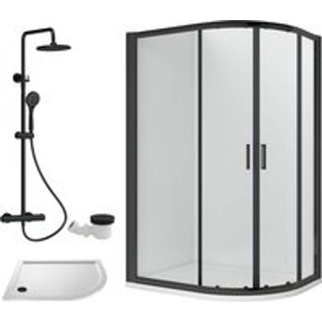 Ruwa Shower Enclosure Bundle - Offset Right Quadrant, Tray, Round Shower & Waste - White/Black - 1000mm x 800mm - Balterley