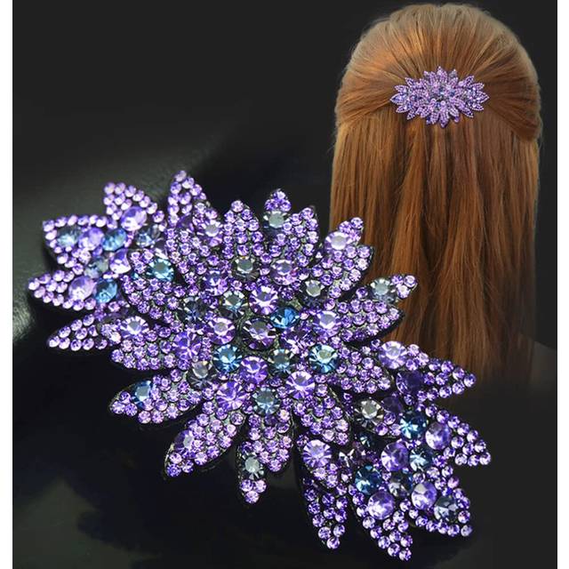 (Purple) Rhinestone Hair Barrette Vintage Flower Leaf Hair Clip Shiny Silver Floral Hairpin No Slip Ponytail Holder Slide Clip Glitter French Decorati