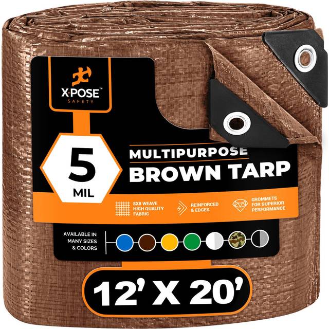 Multipurpose Protective Cover Brown Poly Tarp 12' x 20' - Durable  Water Resistant  Weather Resistant - 5 Mil Thick Polyethylene - by Xpose Safety