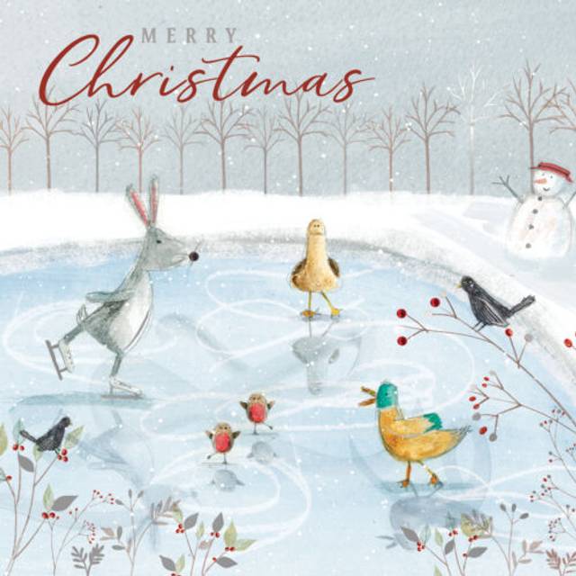 Animals Ice Skating Luxury Hand-Finished Foiled Christmas Card  Xmas Cards