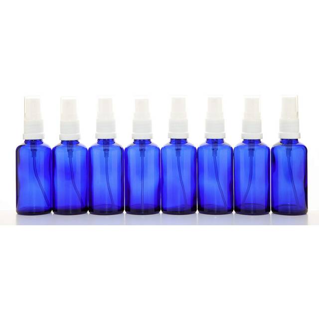 50ml Blue Glass Bottles with White ATOMISER Sprays - Pack of 8