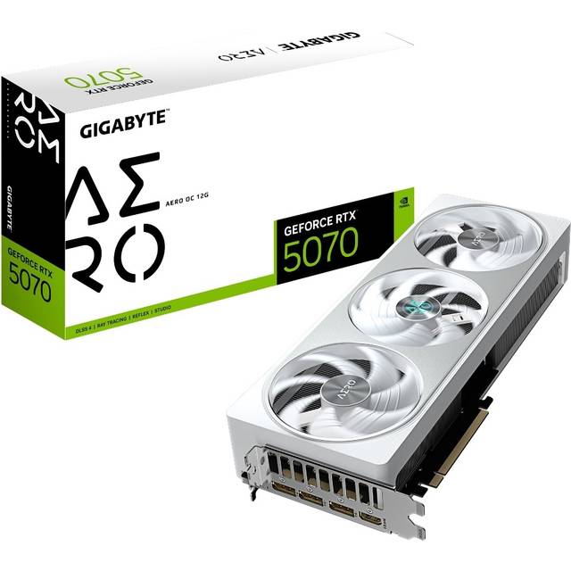 Gigabyte GeForce RTX 5070 AERO OC 12G grafikkort - 12 GB GDDR7, 192 bit, PCI-E 5.0, 2625 MHz kärnklocka, 3 x DP 2.1a, 1 x HDMI 2.1b, NVIDIA DLSS 4, GV-N5070AERO OC-12GD