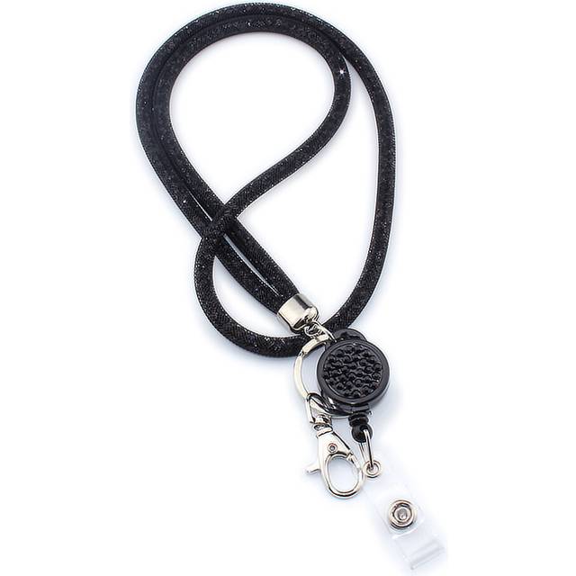 Lanyard Crystal Necklace Key Chain, Bling Rhinestone Crystal Lanyard Transparent Badge Holder (Black)