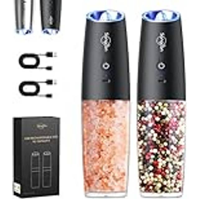 Sangcon Gravity Electric Salt and Pepper Mill Set, 255g Large Capacity, USB Rechargeable Salt Mill, with LED Light, One-Handed Operation, Adjustable