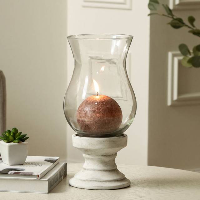 Lyco 34.5cm White Natural Stone Tabletop Hurricane Candle Holder for Living Room Modern Home Accent Piece - White;Clear (34.5cm H X 17cm W X 17cm D)