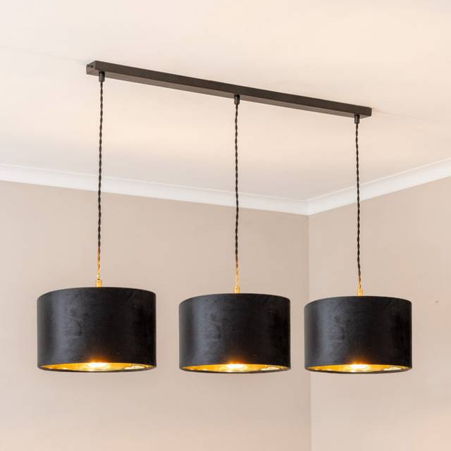 ValueLights Matte Black 3 Pendant Black Velvet & Gold Shades & Bulbs