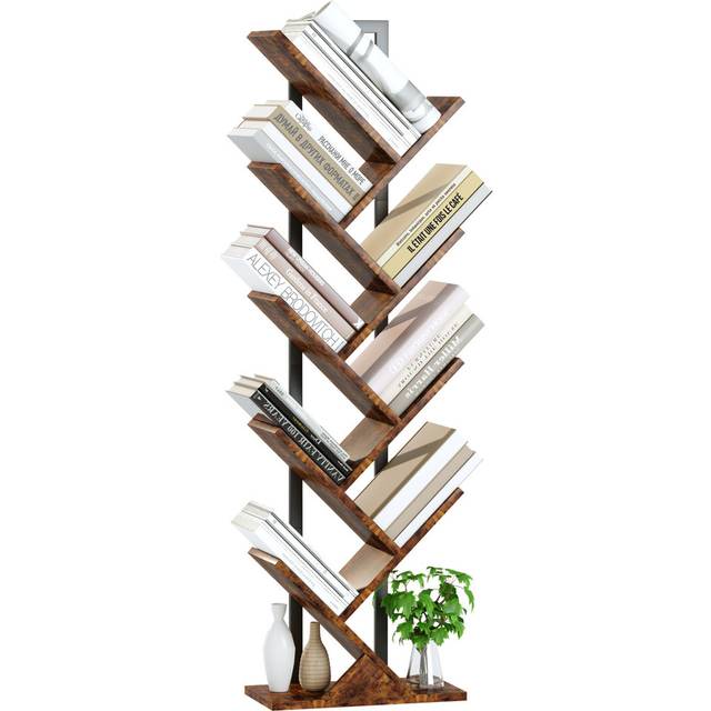 Tree Bookshelf, Floor Standing Bookcase With Steel Pipe For Living Room Bedroom, Organizer Shelves For Home Office (9 Tier) - Brown (127cm H X 38cm W X 19cm D)