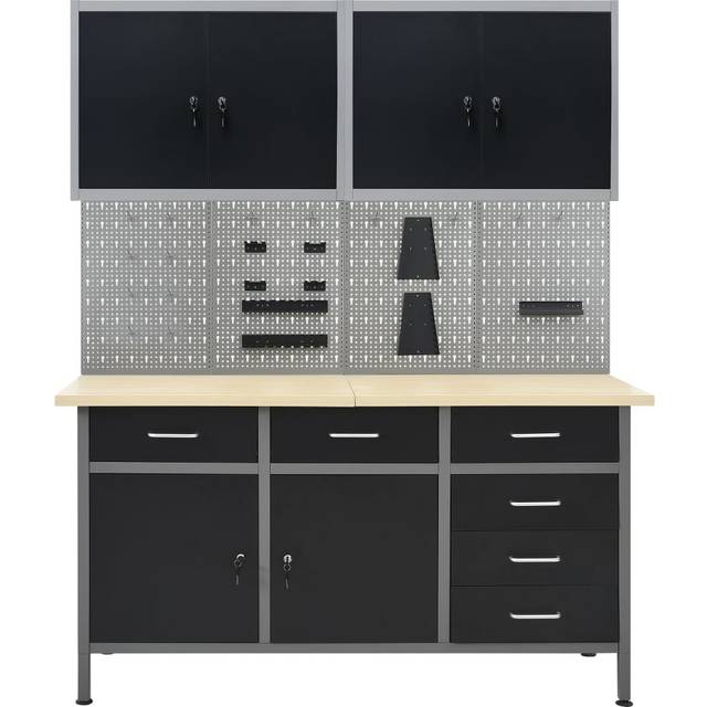 7 Piece Workbench with Wall Panels and Cabinets - Black;Grey (203cm H X 160cm W X 60cm D)