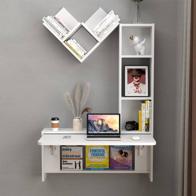 Folding Wall Mounted Drop Leaf Table, Foldable Desk With Moveable Cabinets, Floating Laptop With Convertible Storage Shelves, Multifunctional Computer - White (80cm H X 84cm W X 55cm D)