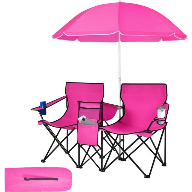 Portable Double Camping Chair with Umbrella and Ice Bag-Pink