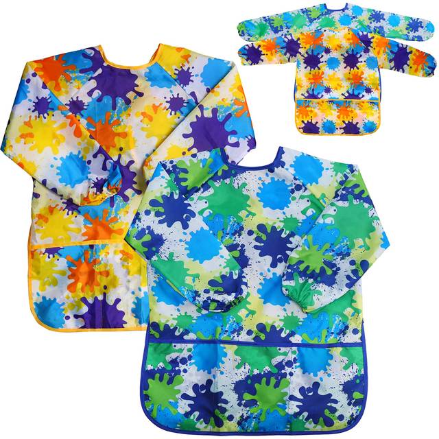J MARK Art Smock for Kids  Painting Apron Pack of 2 Long Sleeve and 2 Pockets for Baking  Eating  Arts & Crafts for Children Ages 2-8 - Waterproof Art