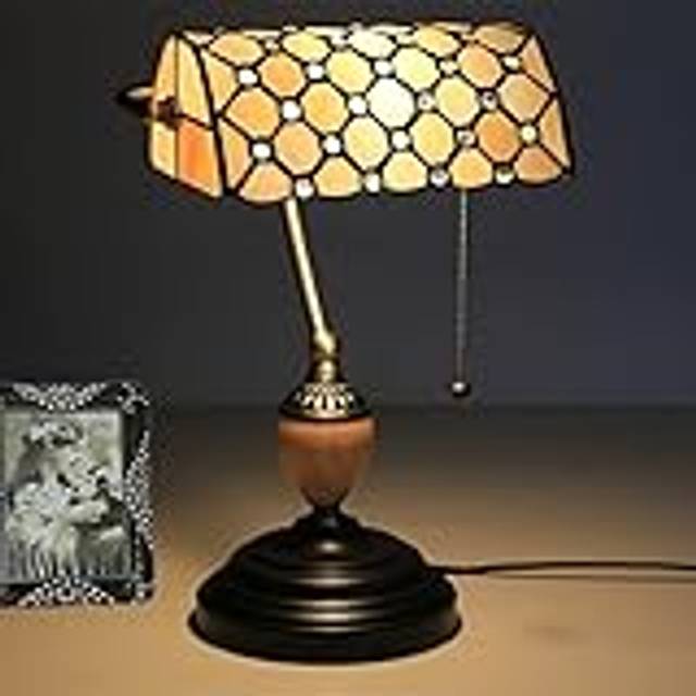 Tiffany Style Bankers bordslampa vintage målat glas skrivbordslampa med legering bas antik kristallpärlor säng lampa för vardagsrum sovrum kontor hem dekoration, beige progress