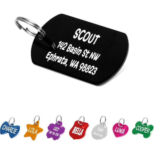 goTags Dog Tags  Personalized Engraved Dog and cat ID Tags for Pets  custom Engraved on Both Sides  Various Shapes Including Bone  Round  Heart  Bow T