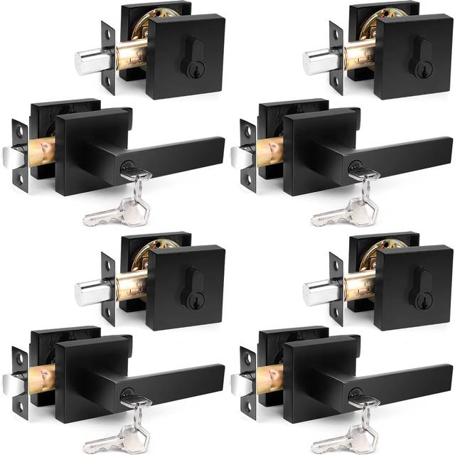 Probrico Square Keyed Entry Levers and Single Cylinder Deadbolts Combo Pack  Flat Black Heavy Duty Entrance Locksets for Office Bedroom and Front Door