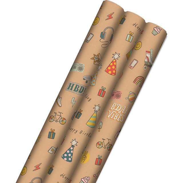 Hallmark Birthday Wrapping Paper  Recyclable Brown Kraft Gift Wrap (3 Rolls: 60 sq. ft. ttl) Kids Birthday  Retro Icons  Roller Skates  Skateboard