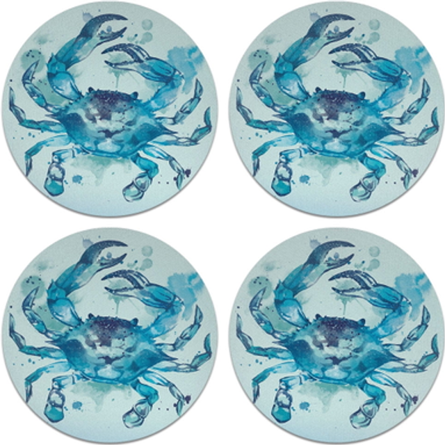 CARIBOU Coasters CB-WHTFAB-4-C0424  Blue Crab Watercolor Design Absorbent Round Fabric Felt Neoprene Coasters for Drinks  4pcs Set