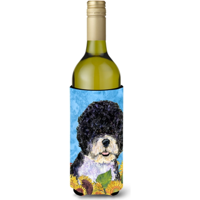Portuguese Water Dog in Summer Flowers Wine Bottle Beverage Insulator Beverage Insulator Hugger