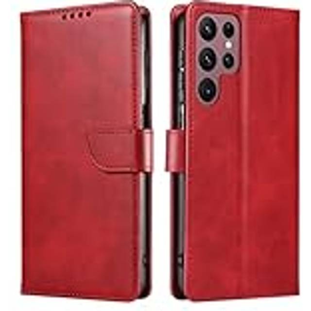 Flip-fodral för Samsung Galaxy S25/S25 Plus/S25 Ultra, magnetisk handväska fodral kortplatser RFID-blockerande vikfäste läderfodral, S25 Ultra, röd