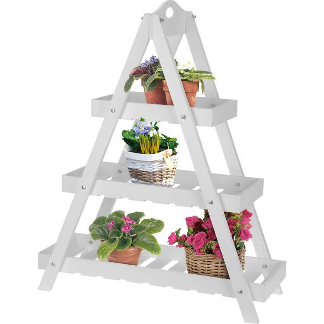 (White) 3-Tier Triangular Wooden Plant Ladder Stand