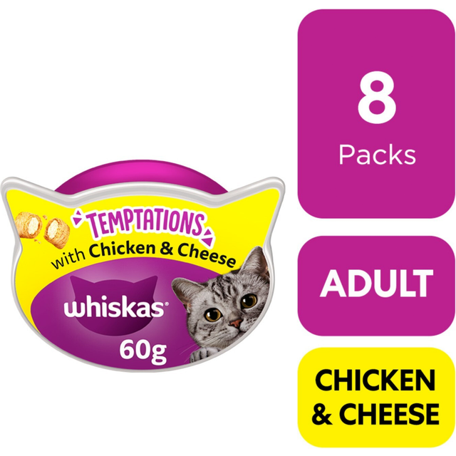 8 x 60g Whiskas Temptations Cat Treats Chicken & Cheese Cat Biscuits (480g)