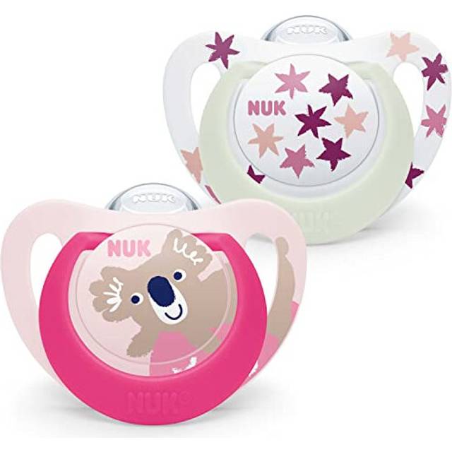 NUK Star Night & Day Baby Pacifier | 6-18 Months | Glow in The Dark Dummies | BPA Free Silicone | Pink Koala | 2 Pieces