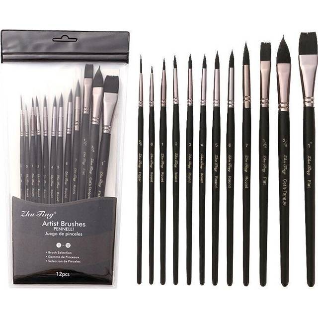 12 PCs Black Nylon Hair Black Rod Soft Plastic Bag Brush Set Oil Painting Brush