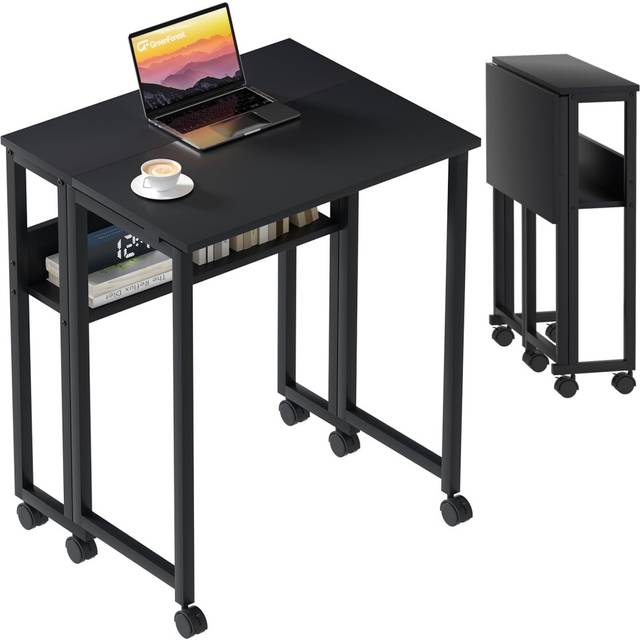 GreenForest Small Folding Desk with Storage Shelf,63 cm Computer Rolling Desk on Wheels Easy Assembly,Foldable desk for Small Space,Black