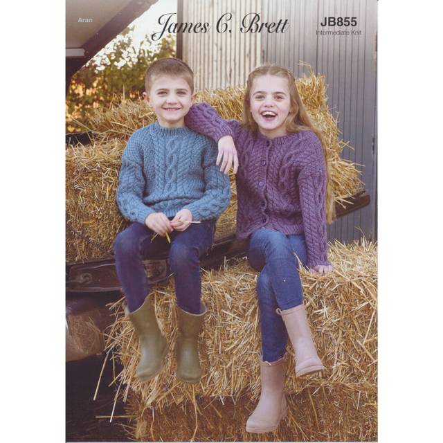 James Brett JB855 Aran Knitting Pattern Boys Girls Cardigan & Sweater