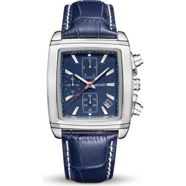 (blue) Megir Original Watch Men Top Brand Luxury Rectangle Quartz Military Watches Waterproof Luminous Leather Wristwatch Men Clock 2028 - Blue