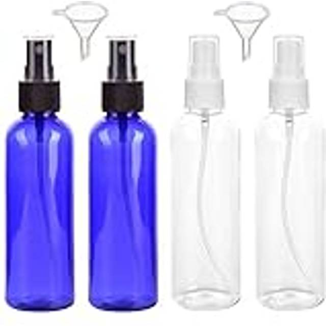 4PCS,100ml Spray Bottle Empty Plastic Fine Mist Travel Atomiser Spray Bottles Set Travel Size Bottle Toiletries Liquid Containers for Essential Oils,