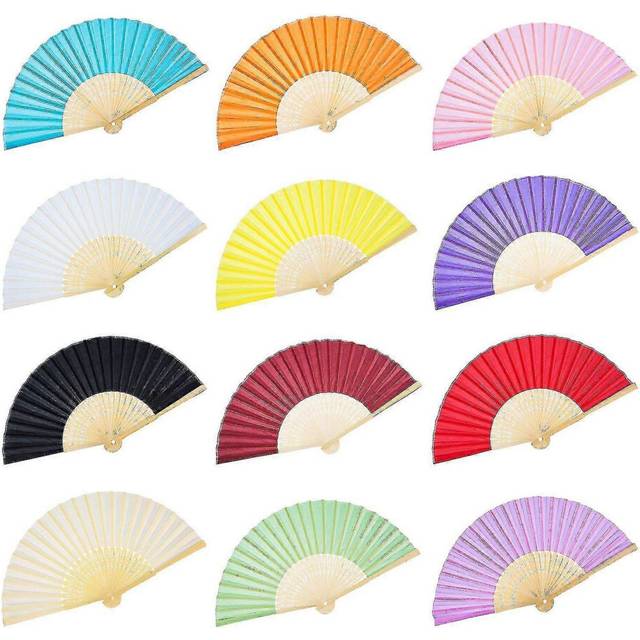 (12, One size) 12 Pack Hand Held Fans Silk Bamboo Folding Fans Handheld Folded Fan