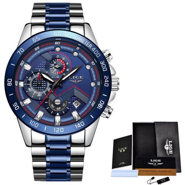 (Silver Blue) Lige Luxury Fashion Sports Chronograph Quartz Men Watch